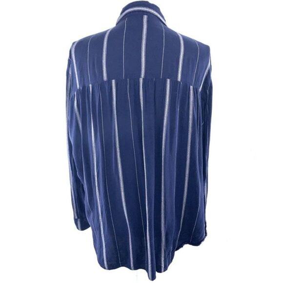 BDG URBAN OUTFITTERS Navy Stripe High Low Flannel‎ Shirt Size S White Smocked - Picture 5 of 7